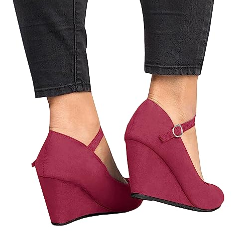 Image of Coutgo Womens Wedge Pumps Dressy Mary Jane Shoes Comfort Wedges Closed Toe Ankle Strap Heeled Shoes