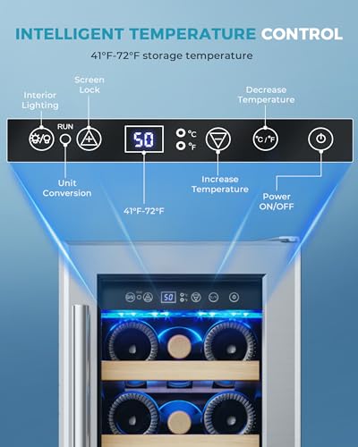 Image of EUHOMY 12 Inch Wine Cooler Refrigerator, Wine Fridge 18 Bottles, Built-in or Freestanding with Double-Layer Tempered Glass Door, Mini Fridge with Quiet and Temperature Memory Function
