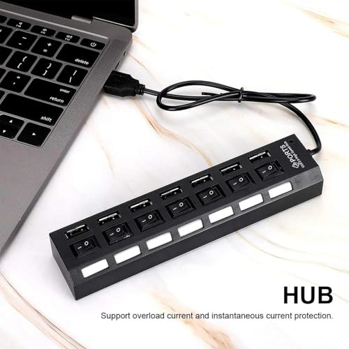 Image of BETSU 7-Port USB 2.0 Hub with Individual Power Switches and LED Indicators, USB Splitter for Laptop, PC, Keyboard, Mouse, Mobile HDD and Flash Drive (Black)