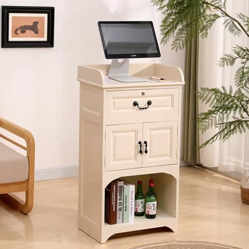 Escritorio de recepción compacto con cajón con cerradura y armario de almacenamiento, diseño moderno que ahorra espacio para oficina en casa, vestíbulo o salón de belleza