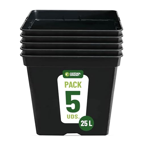 GROWMANIA Pack 5 Macetas Cuadradas para Plantas Negra 25L - Cinco Maceteros de Plástico para Flores 33x33x35 cm