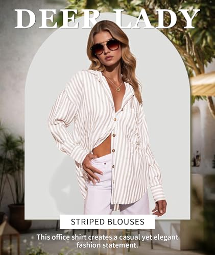 Deer Lady Womens Striped Button Down Shirts Long Sleeve Oversized Loose Fit Casual Work Blouse Tops with Pocket2