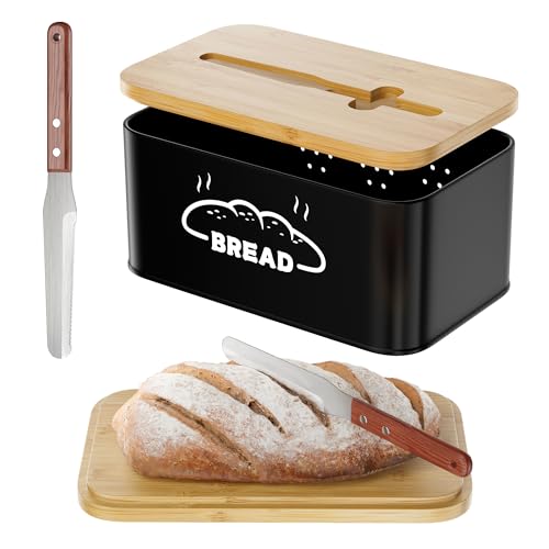 COCASES Bread Bin with Knife for Kitchen 2-IN-1 Steel Bread Box Basket with Wooden Lid Freshness for Biscuit Crusty Wholemeal Bread Snack Bread Storage Containers for Corner Black