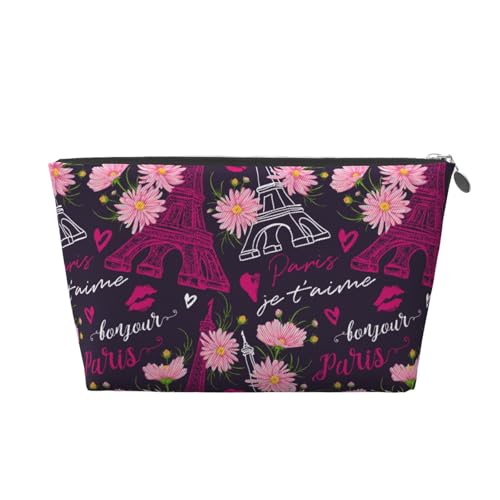 Trousse da viaggio per trucchi con torre Eiffel e fiori rosa, trousse da viaggio per cosmetici, borsa per il trucco da donna, organizer per trucchi in pelle, graziosa borsa per il trucco, Argento