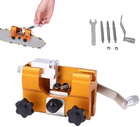 Portable Hand Crank Chainsaw Chain Sharpener Jig Set, 3 Coarse+1 Fine Heads, for Chain & Electric Saws, Household Tool (Yellow, Large)