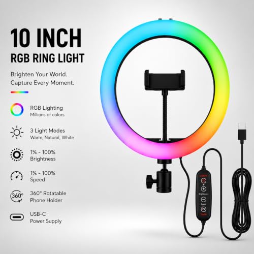 Image of Bestor 10 Inch RGB Ring Light with Phone Holder, 3 Light Modes, 10 Brightness Levels, USB Powered LED Selfie Ring Light for Video Recording, Live Streaming, Makeup, Photography & Online Classes