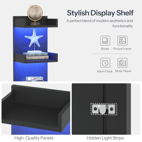 Image of HOOBRO Floating Wall Shelves with LED Lights, Floating Shelf Wall Mounted | Shelf for Storage, Vertical Display Stand, Modern Column Rack, for Bedroom, Livingroom, 3-Tier, 25.6 Inches, Black BK43DBJ01