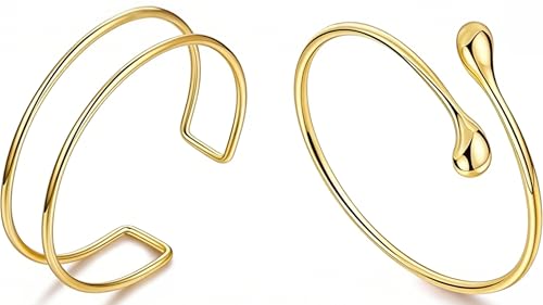 VALIJINA Gold Arm Cuff for Women, Adjustable Upper Arm Bracelet, Minimalist Greek Goddess Arm Bangle Jewelry for Summer Festival Wedding Boho Style（2Pcs）