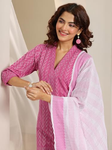 Image of Libas Woven Design Cotton Blend Straight Kurta With Trouser and Dupatta