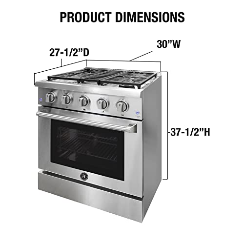 Brama Gas Range With 4 Burner Cooktop, Freestanding 30-Inch With Porcelain Convection Oven And Broil Function, Continuous Grates With Stainless Steel Construction, 4.2 Cu.ft., Metallic #TOP5