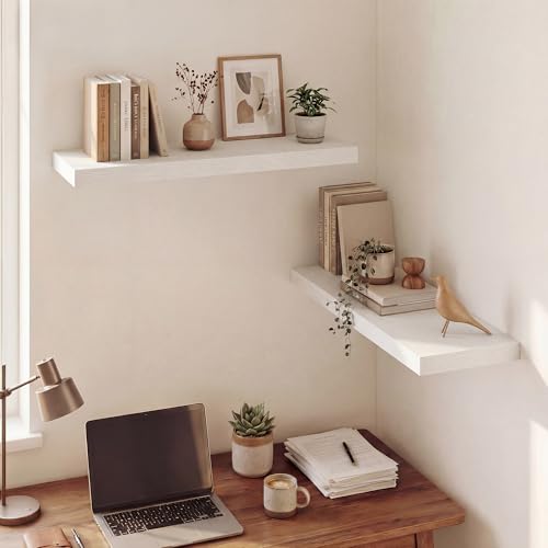 Image of Dreamland 30 Inches Floating Shelves for Wall, 9.3 inch Deep Long Floating Shelves Set of 2, Large Display & Storage Shelf, Wall Shelf for Bathroom Bedroom Living Room Kitchen Office, White