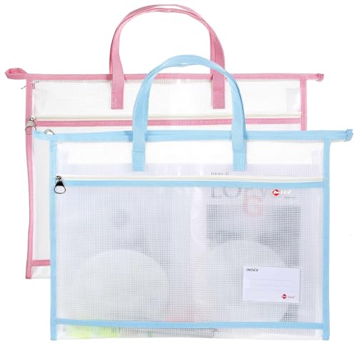 Image of 2 Pcs A3 Project Bag for Quilting Craft Storage for Quilters Clear Mesh Design Art Supply Bag Artwork Storage Organize for Artworks Charts and Teaching Material Multipurpose