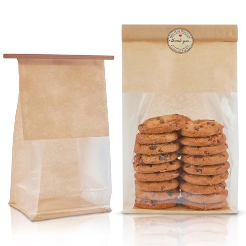 O’Creme 50 Pcs. Small Bakery Bags with Window, Cookie Bags Brown Paper Bag with Resealable Tin Tie Tab for Cookies, Treats, Baked Goods, Muffins, Pastries, Granola, Coffee Beans (11”x5”x4”) by O'CREME - Image 2
