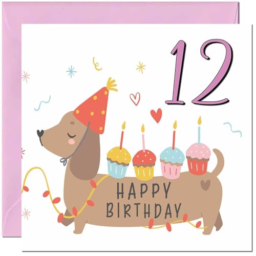 12th Birthday Card for Kids - Cute Sausage Dog Dachshund Birthday Card for 12 Year old Girl Granddaughter Daughter Kids twelve, twelfth Sister cousin Niece