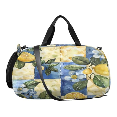 YETTASBIN Sport Travel Duffel Bag for Girls Boys, Lemon Plaid Large Waterproof Weekender Overnight Bag, Detachable Shoulder Strap Gym Bag with Shoe Compartment & Wet Pocket2