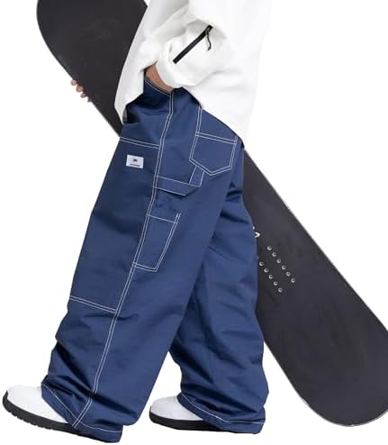 SNOWVERB Women Men Fashion Streetwear Snowboard Jeans Waterproof Ski Loose Fit Snowboard Insulated Windproof Snow Pants (L, Blue)