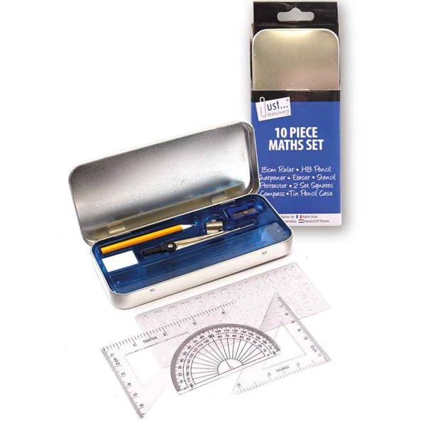 HiFEN® 10-Piece 𝐌𝐚𝐭𝐡𝐬 𝐆𝐞𝐨𝐦𝐞𝐭𝐫𝐲 𝐒𝐞𝐭 with Compass, Ruler, Protractor and Squares in Durable Tin Carry Case for School College