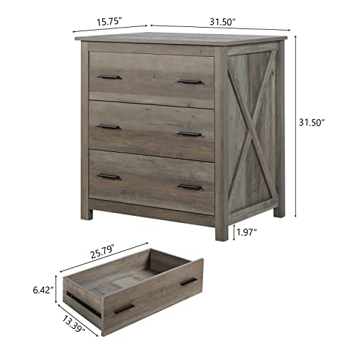 Vikiullf Wooden Chest of Drawer - 3 Drawer Dresser for Bedroom, Farmhouse Dresser, Storage Drawers for Bedroom, Nursery, Living Room, Hallway, Entryway Organizer, Grey