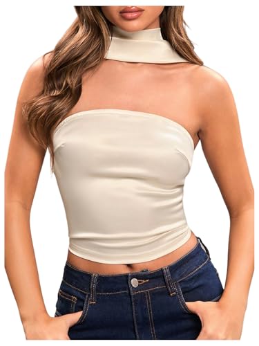 SHENHE Women's Y2k Halter Tube Tank Crop Top Slim Fit Strapless Scarf Top Going Out Shirt