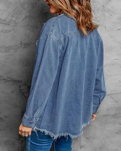 Vetinee Women's Oversized Boyfriend Medium Blue Front Button Up Frayed Raw Hem Long Sleeve Pockets Denim Jean Jacket Shacket Medium Size 8 Size 10