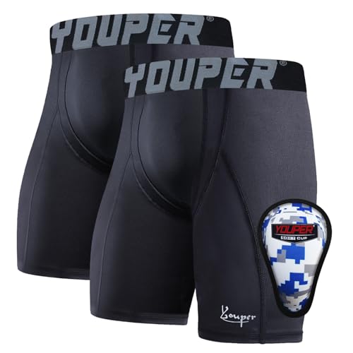 Youper Youth Boys Compression Sliding Shorts with Soft Protective Cup for Baseball Football Hockey (2-Pack) (Black, Small)