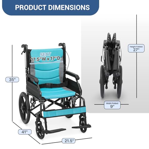 monicare Wheel Chair for Adults with Swing-Away Footrest and Loop-Lock Handbrakes 17.5 inch Seat Wheel Chair 15\" Rear Wheel Lightweight Transport Chair for Travel Compact Storage, 250 lbs