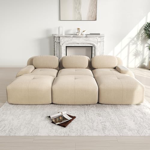 TIZZ Sofá modular de 3 plazas con 3 taburetes de pana sin montaje, apto para mascotas, reposabrazos ultra anchos, acolchado 32D de alta elasticidad para sala de estar y cine en casa, color beige