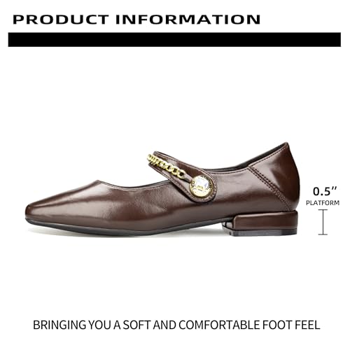 Women's Classic Mary Jane Flats, Black Leather with Gold Chain Strap, Pointed Toe3