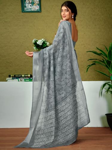 Image of Satrani Women's Linen Printed & Zari Border Ready To Wear One Minute Pre Pleated Readymade Saree with Unstitched Blouse Piece