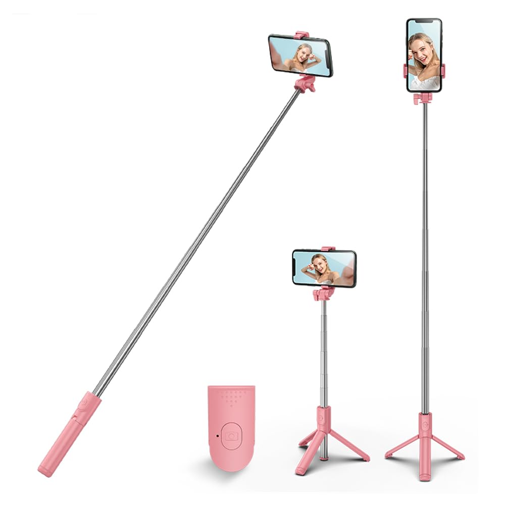 Selfie Stick Tripod,3 in 1 Extendable 360° Rotation Tripod Stand with Detachable Wireless Remote Portable Mobile Phone Holder Compatible with iPhone,Android,samsung (pink)