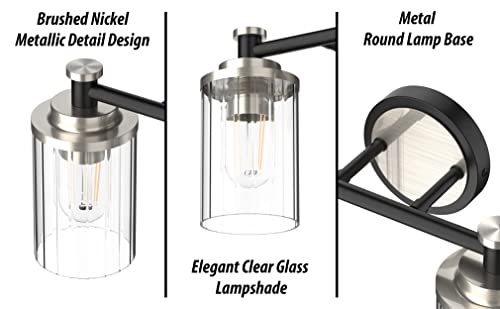 Image of Bathroom Lighting Fixtures Black and Brushed Nickel Bathroom Vanity Light with Cylindrical Clear Stripes Glass Lampshade E26 Socket Base Bathroom Lighting Fixtures Over Mirror (2 Lights)