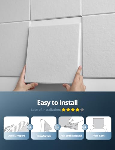 Image of Square Acoustic Wall Panels, Sound Absorbing Panels for Walls, Ceiling, Doors, 18 Pack 12 inchx12 inchx0.4 inch Self Adhesive Decorative White Acoustic Tiles for Recording Studio, Office, Room, Home