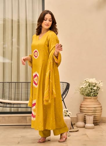 Image of Nermosa Women Viscose Kurta Pant Dupatta Set | Summer Friendly Ethnic Suit Set for Women | V-Neck Printed Kurti with Matching Pants & Dupatta | Casual & Office Wear
