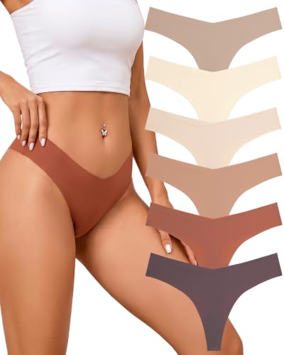 Image of FINETOO Seamless Thongs for Women Sexy No Show Panties Invisible V-waisted Stretch Lingerie Underwear 6 Pack
