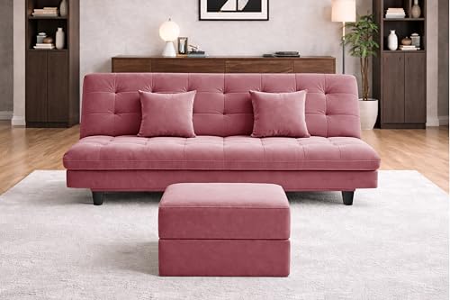 Image of Rosebell Modern Three-Seater Sofa Cum Bed - Foldable Velevt Fabric Sofa, Foam Seating, Stylish Design for Living Room, Guest Room & Office-Rose Pink