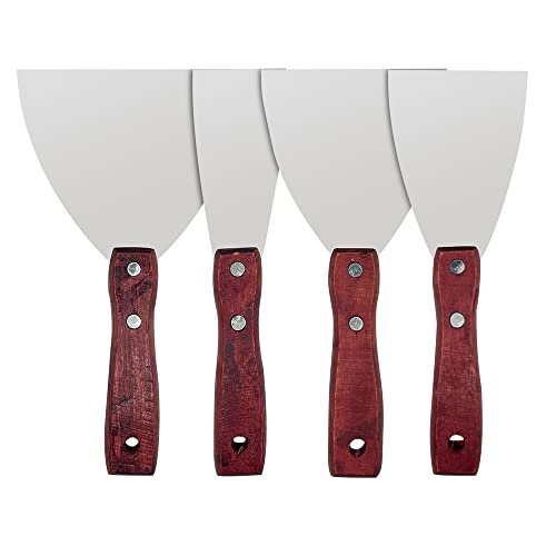 XINGSUI Wallpaper Scraper Wooden Handle-4 Pcs Heavy Duty Paint Wallpaper Scraper Tool,Stainless Steel Beefsteak Spatula,for Wall, Drywall, Decals Baking Spackling Patching(2, 3, 4, 5 inch)