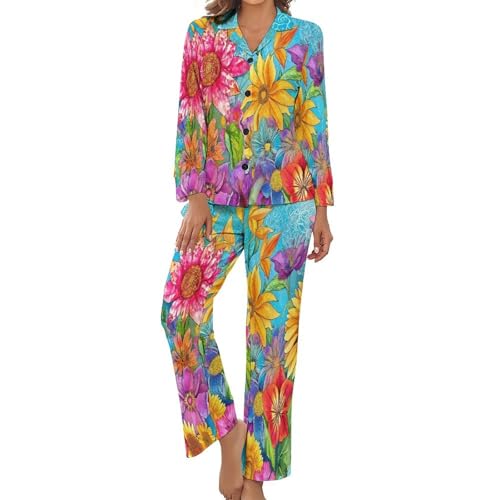 Ensemble pyjama tournesols à l'aquarelle bohème 2 pièces en maille aérée unique
