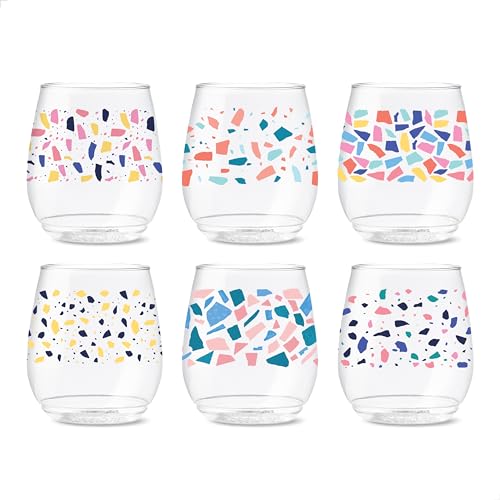 TOSSWARE POP 14oz Vino Colorful Terrazzo Series, SET OF 6, Premium Quality, Recyclable, Unbreakable & Crystal Clear Plastic Printed Glasses, 6 Count (Pack of 1)