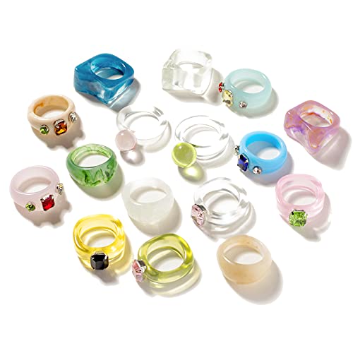 16 Pcs Colorful Resin Rings for Women, Chunky Acrylic Rings with Rhinestones Set, Fashion Stacking Rings, Y2k Style Rings, Retro Candy Rings, Cute and Trendy Jewelry, Gift for Women and Girls