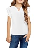 Arshiner Kids Short Sleeve Tees Girls Basic Ruffle Sleeve Tops Blouse Solid Color Tee White 11-12 Years