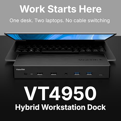 VisionTek VT4950 USB-C DisplayLink Docking Station with KVM Switch for Dual Laptops - Hybrid Workstation Triple Monitor Dock with HDMI & DisplayPort, 100W Laptop Charging for Windows and macOS