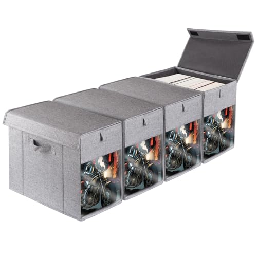 Image of 4 Pack Comic Book Storage Box with Lid, Collapsible Magazine Organizer with Clear Window, Heavy Duty Case Container Holder, Grey