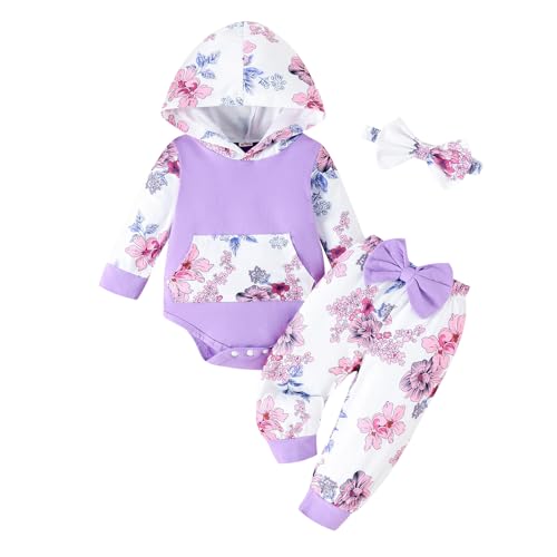 Image of LUNFEGO Newborn Infant Baby Girl Clothes 0-3-6-9-12-18 Months Outfits Sets Romper + Pants + Bow Headband for Girls