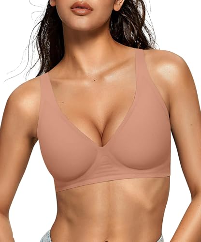 OEAK Womens Deep V Bras Wireless Comfortable Bra Supportive No Underwire Bras Tshirt Push Up Bralettes Plunge Seamless Bra Latte M