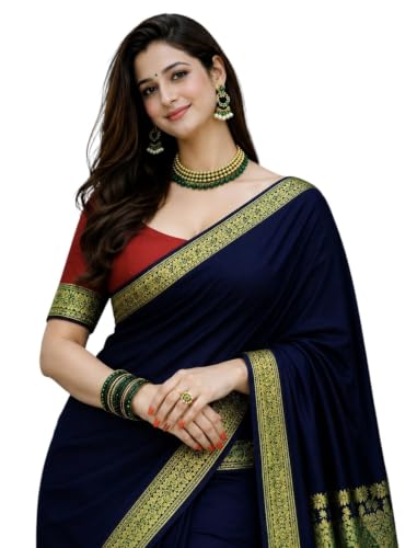Image of Women's Glory Banarasi Satin Silk Saree with Rich Zari Woven Border & Pallu | Soft Glossy Party Fancy Traditional Saree for Wedding, Festive, Function | Blouse Piece Included