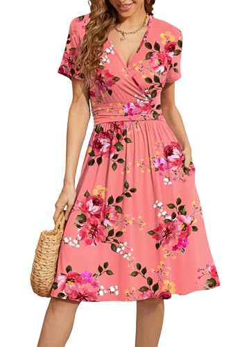 WEACZZY Damen Sommer Kurzarm Freizeitkleider V-Ausschnitt Floral Partykleid mit Taschen, Blumenmuster in Pink, Klein