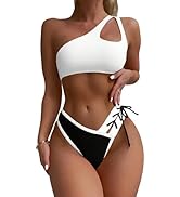 SherryDC Women's Cheeky Cutout One Shoulder Bikini Color Block V Cut High Leg Two Pieces Swimsuit