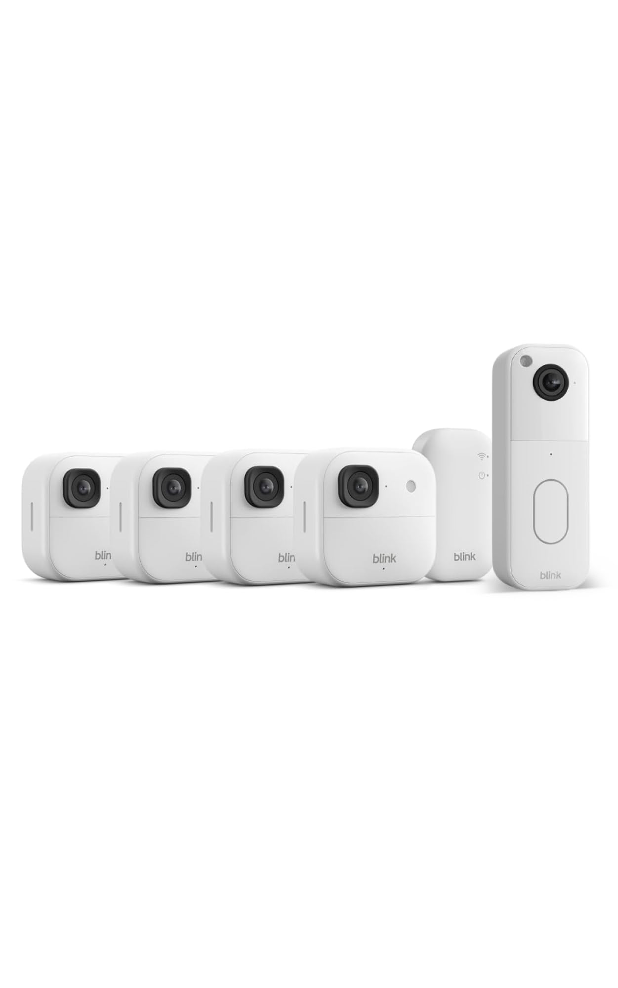 Blink Außenkamera 2K+ (neueste Generation) + Blink Videotürklingel – Kabellose, intelligente Sicherheitskamera, 2K-Videoauflösung. Sync-Basismodul enthalten – 4-Kamera-System, Weiß