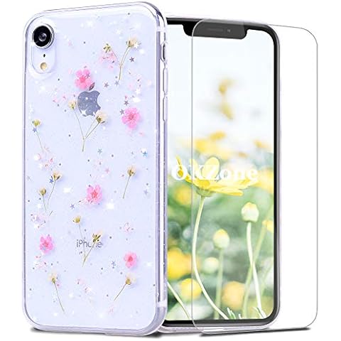 OKZone Kompatible mit iPhone XR (6,1 Zoll) Hülle [mit HD-Schutzfolie], [Getrocknete Blumen] Blume Gepresst Handyhülle Kristall Gel Schale Schutz Ultradünn Echte Blume Bumper Case Cover Hülle (Rosa) Cover