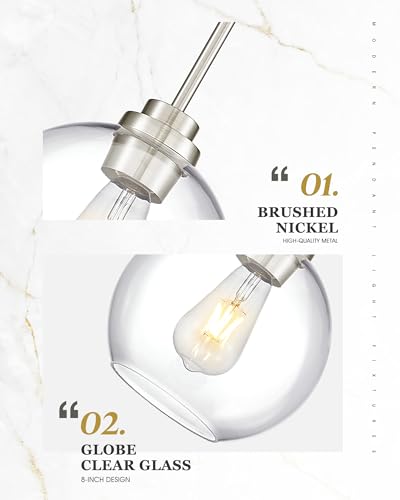 Image of 2 Pack Pendant Lights Kitchen Island, 8 inch Brushed Nickel Pendant Light Fixtures with Globe Clear Glass Shade, Modern Kitchen Island Lighting for Bathroom, AD-22280-2PL-SN